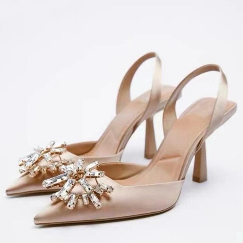Zara satin heels SZ38 excellent condition rhinestone glam Christmas New years